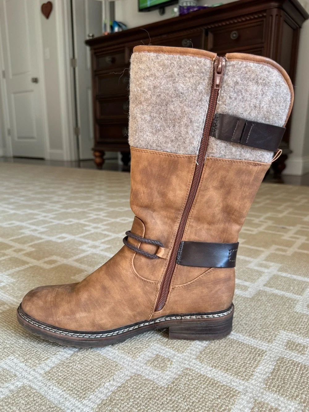 Rieker Brown Faux Leather Mid Calf Winter Boots Wool Lined EU 39 (US 8.5)